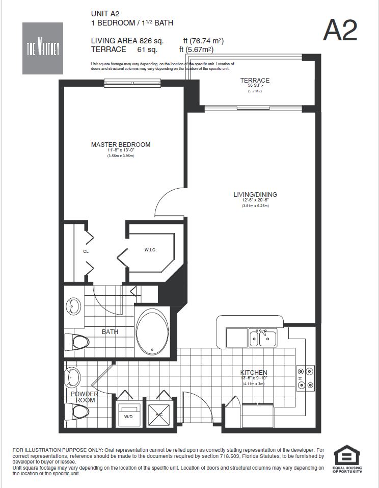 Floor plan for 1 bed, 1.5 baths, 789 sqft